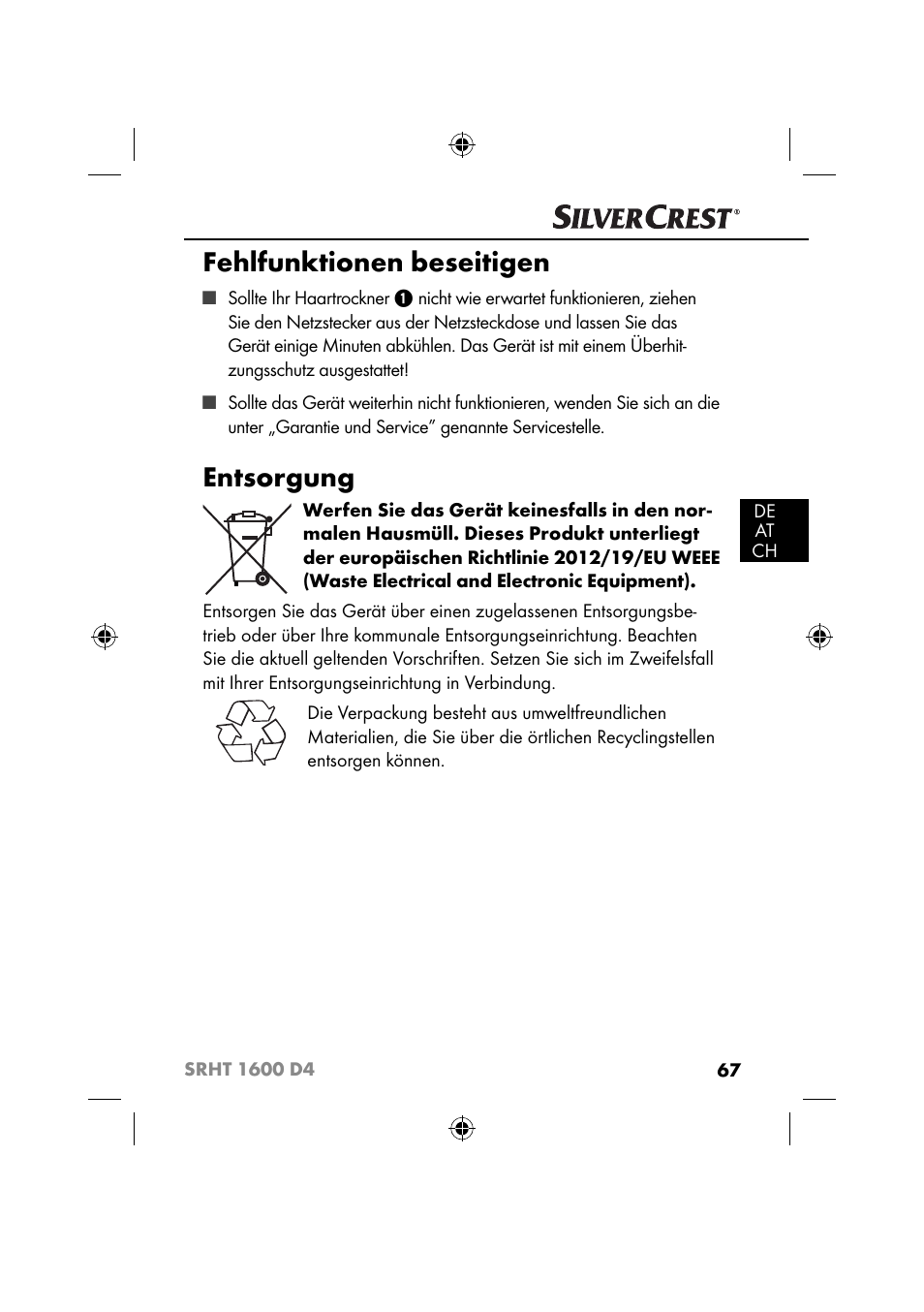 Fehlfunktionen beseitigen, Entsorgung | Silvercrest SRHT 1600 D4 User Manual | Page 70 / 73