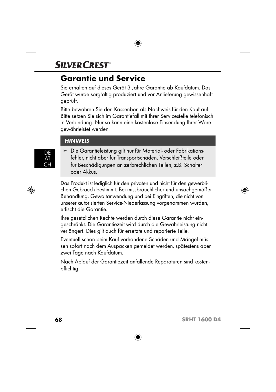 Garantie und service | Silvercrest SRHT 1600 D4 User Manual | Page 71 / 73