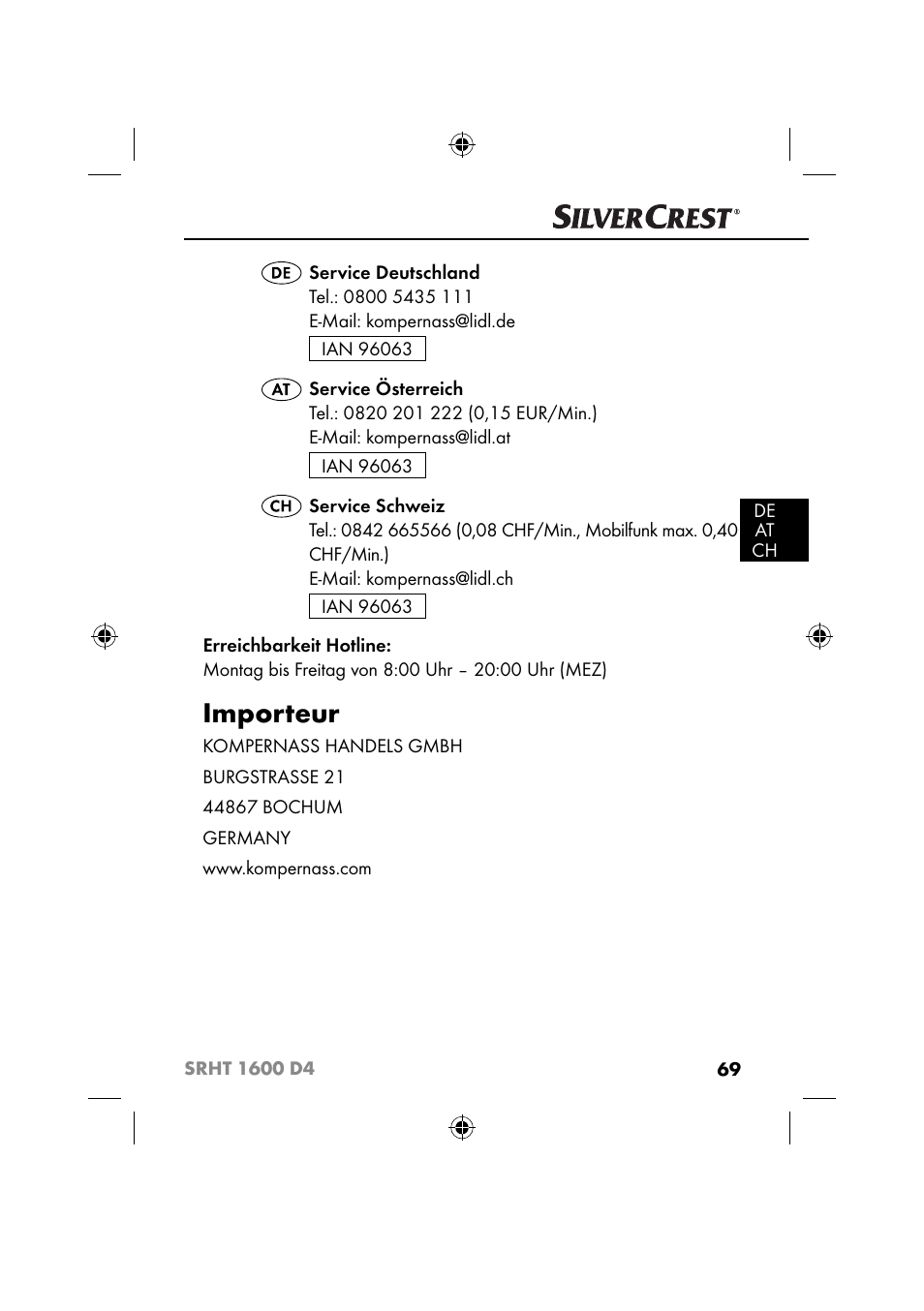 Importeur | Silvercrest SRHT 1600 D4 User Manual | Page 72 / 73