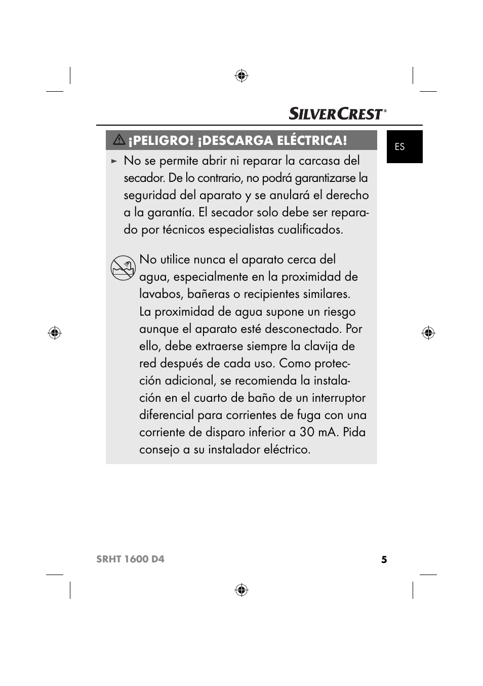 Peligro! ¡descarga eléctrica | Silvercrest SRHT 1600 D4 User Manual | Page 8 / 73