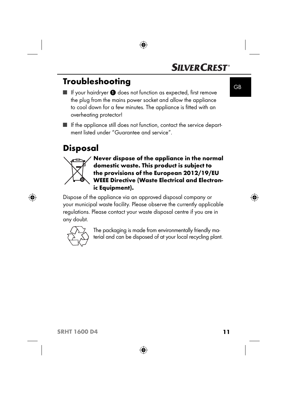 Troubleshooting, Disposal | Silvercrest SRHT 1600 D4 User Manual | Page 14 / 59