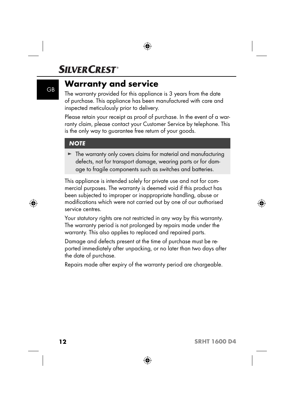 Warranty and service | Silvercrest SRHT 1600 D4 User Manual | Page 15 / 59