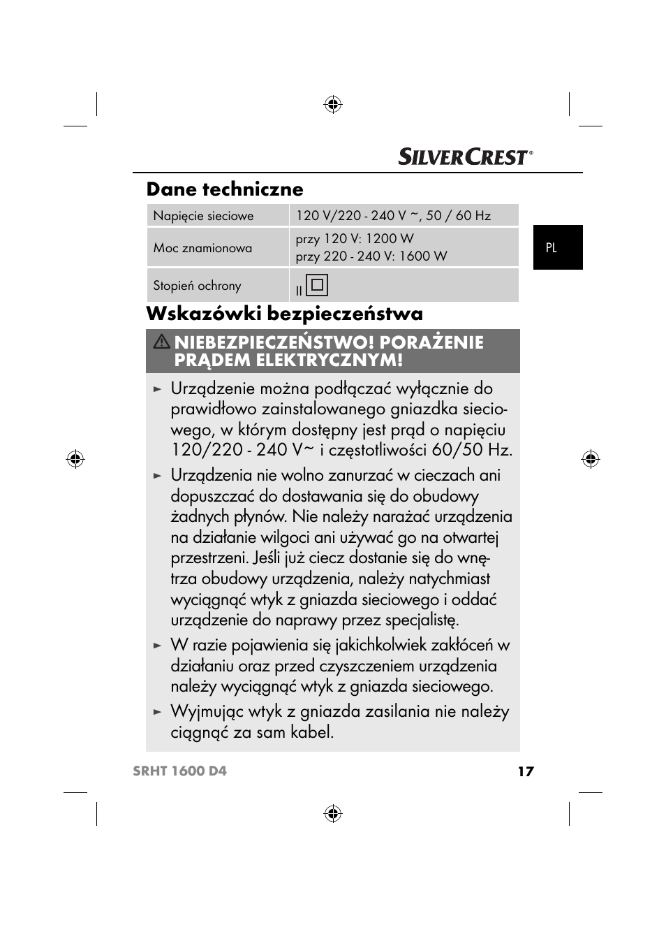 Dane techniczne, Wskazówki bezpieczeństwa, Niebezpieczeństwo! porażenie prądem elektrycznym | Silvercrest SRHT 1600 D4 User Manual | Page 20 / 59