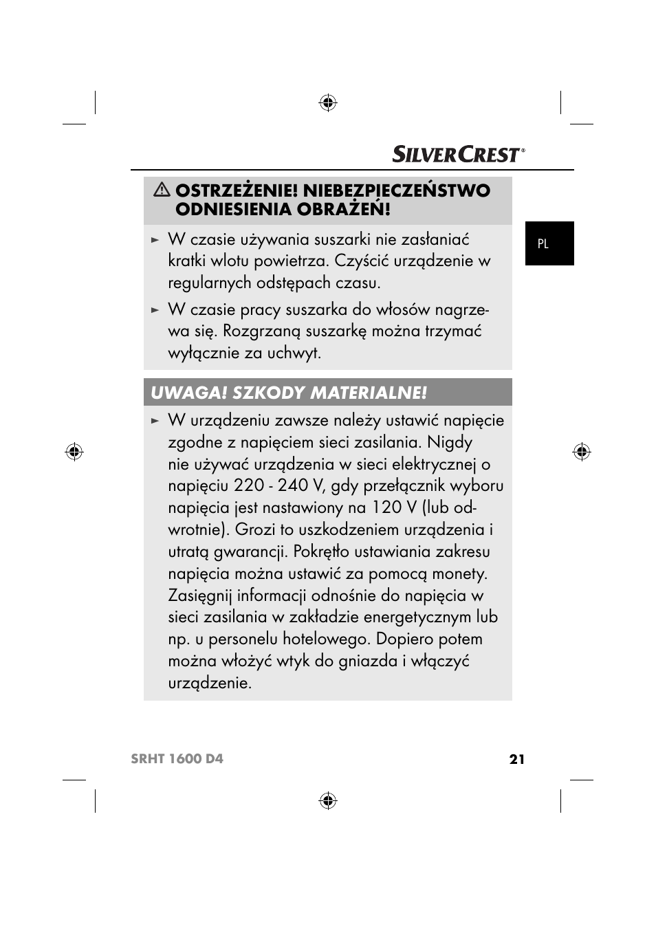 Ostrzeżenie! niebezpieczeństwo odniesienia obrażeń | Silvercrest SRHT 1600 D4 User Manual | Page 24 / 59