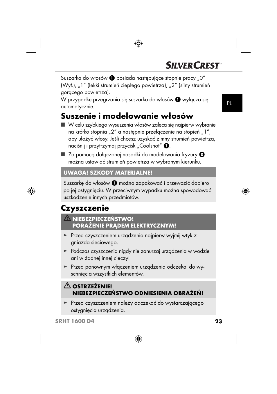 Suszenie i modelowanie włosów, Czyszczenie | Silvercrest SRHT 1600 D4 User Manual | Page 26 / 59