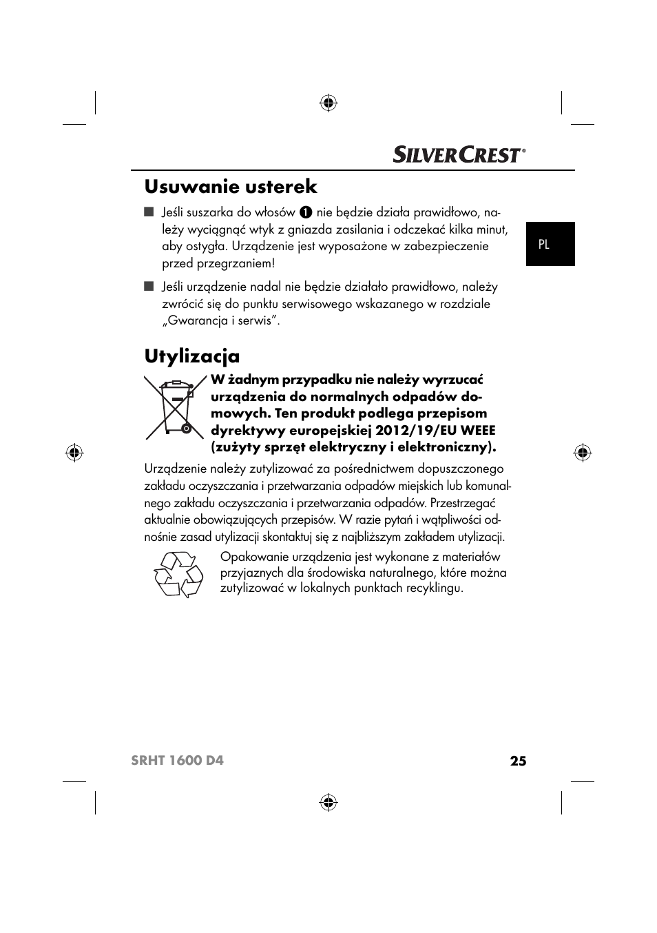 Usuwanie usterek, Utylizacja | Silvercrest SRHT 1600 D4 User Manual | Page 28 / 59