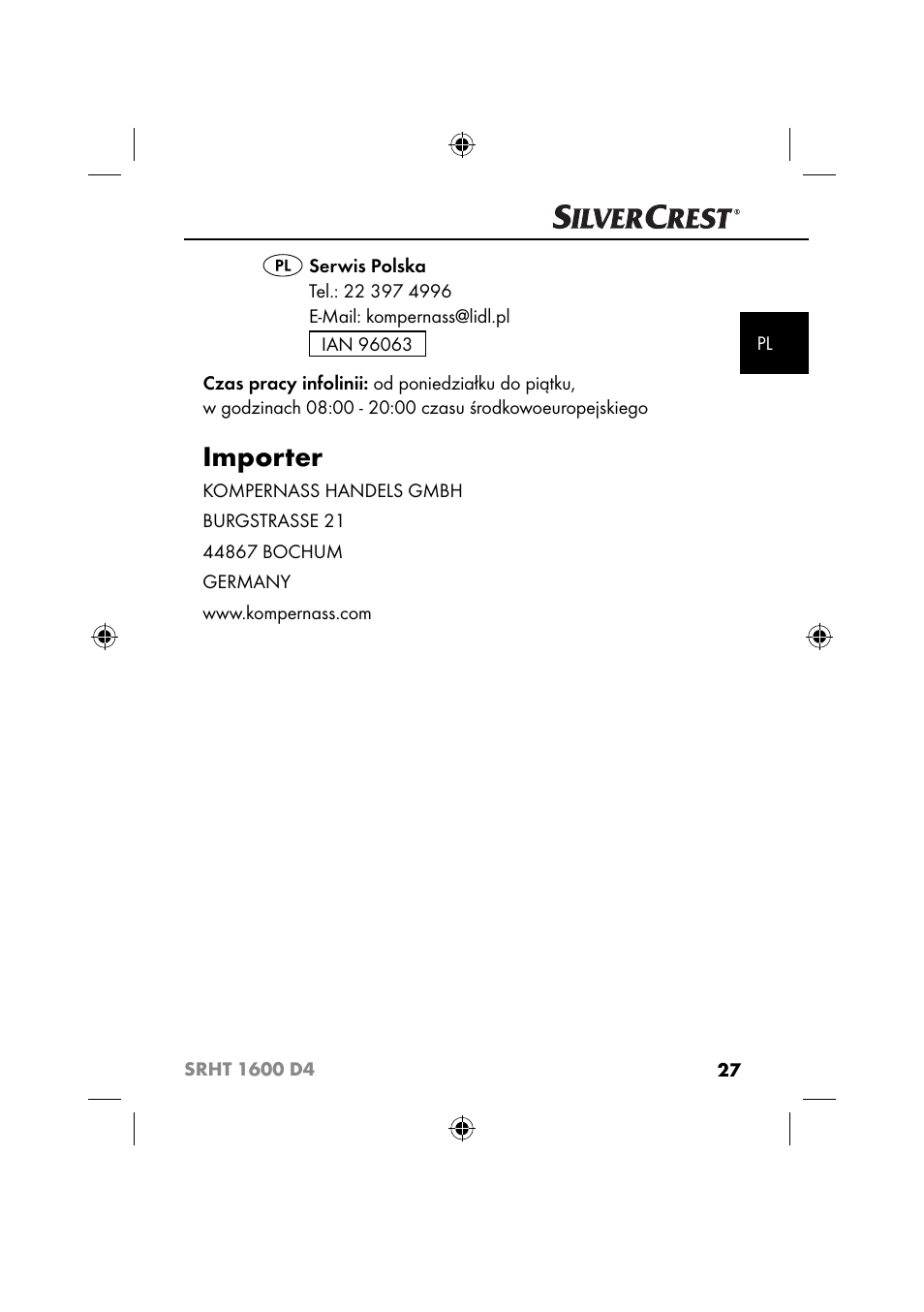 Importer | Silvercrest SRHT 1600 D4 User Manual | Page 30 / 59