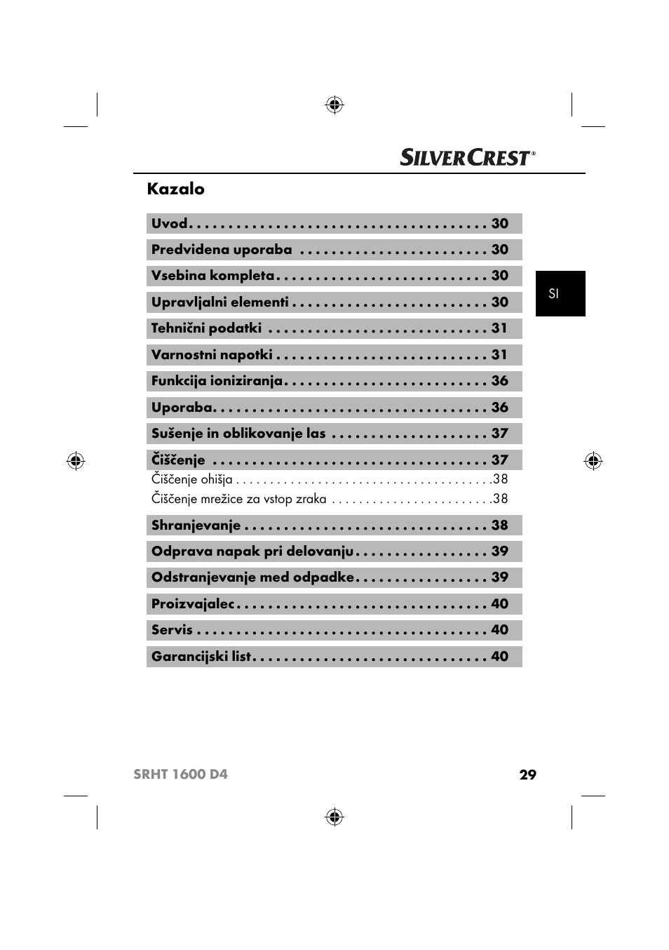 Kazalo | Silvercrest SRHT 1600 D4 User Manual | Page 32 / 59