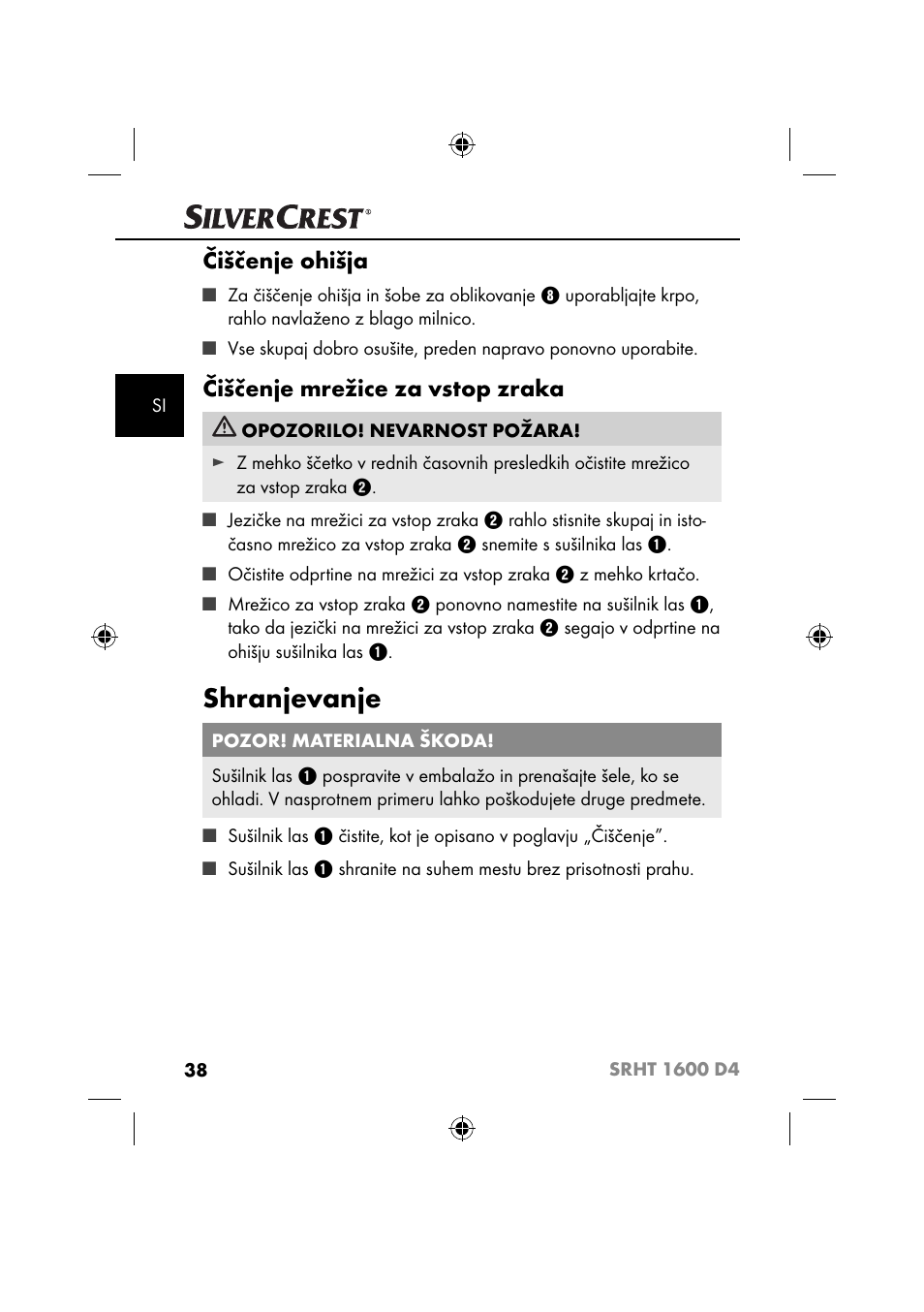 Shranjevanje, Čiščenje ohišja, Čiščenje mrežice za vstop zraka | Silvercrest SRHT 1600 D4 User Manual | Page 41 / 59