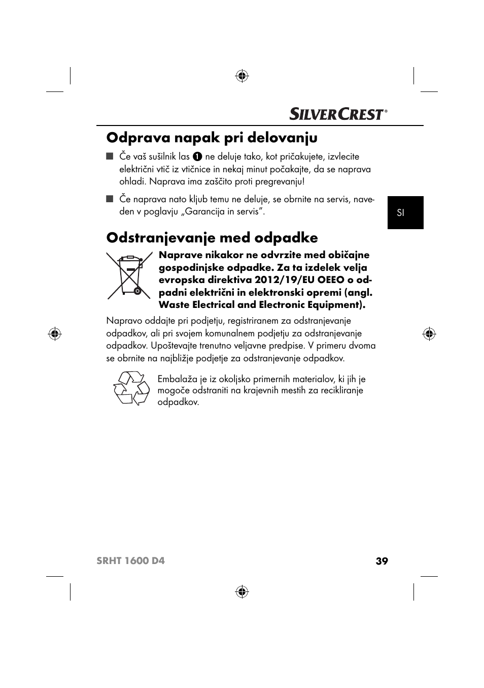 Odprava napak pri delovanju, Odstranjevanje med odpadke | Silvercrest SRHT 1600 D4 User Manual | Page 42 / 59