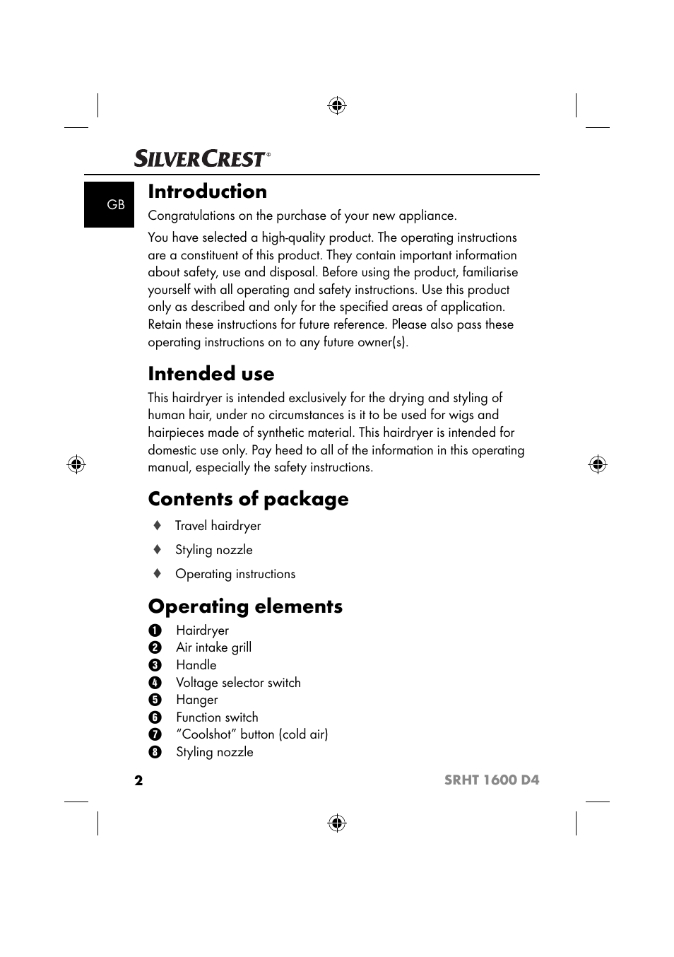 Introduction, Intended use, Contents of package | Operating elements | Silvercrest SRHT 1600 D4 User Manual | Page 5 / 59