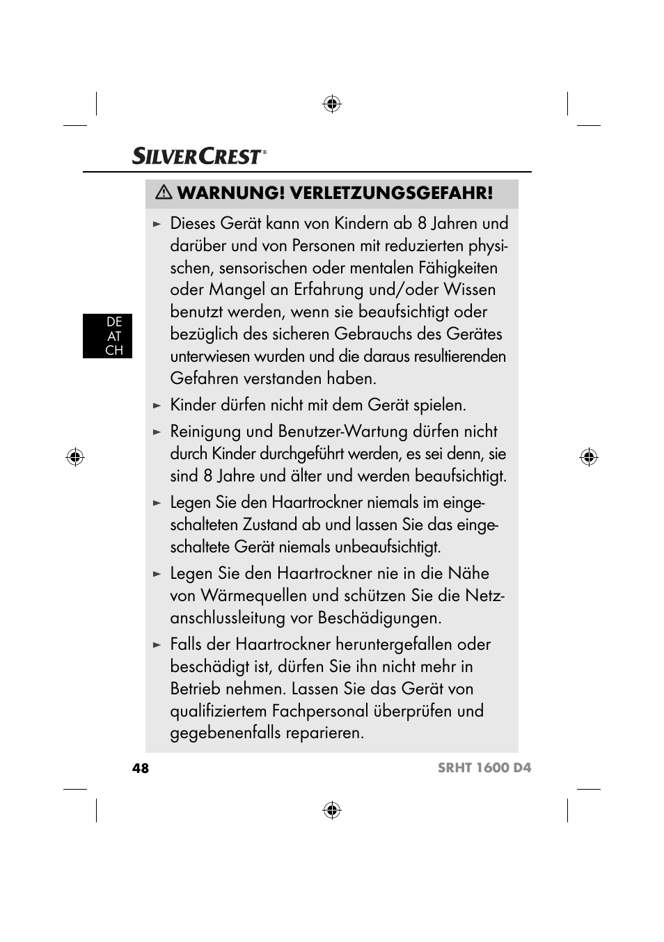 Warnung! verletzungsgefahr, Kinder dürfen nicht mit dem gerät spielen | Silvercrest SRHT 1600 D4 User Manual | Page 51 / 59