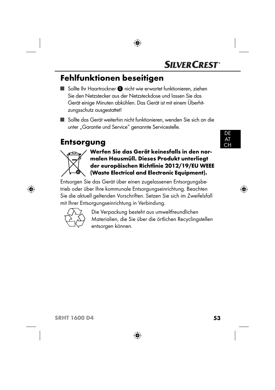 Fehlfunktionen beseitigen, Entsorgung | Silvercrest SRHT 1600 D4 User Manual | Page 56 / 59