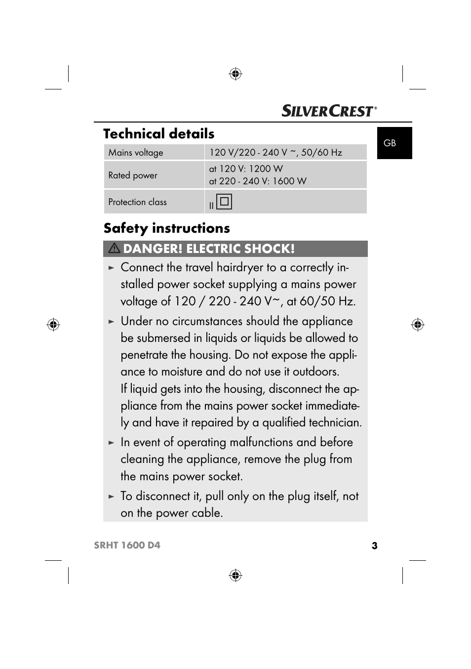 Technical details, Safety instructions, Danger! electric shock | Silvercrest SRHT 1600 D4 User Manual | Page 6 / 59