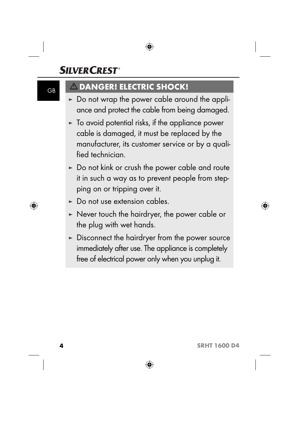 Danger! electric shock, Do not use extension cables | Silvercrest SRHT 1600 D4 User Manual | Page 7 / 59