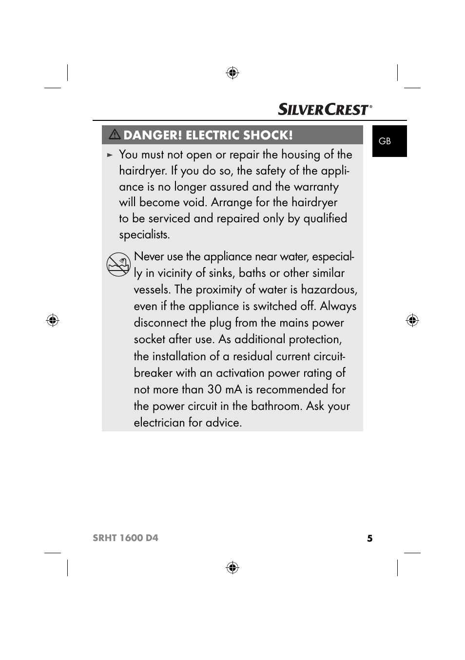 Danger! electric shock | Silvercrest SRHT 1600 D4 User Manual | Page 8 / 59