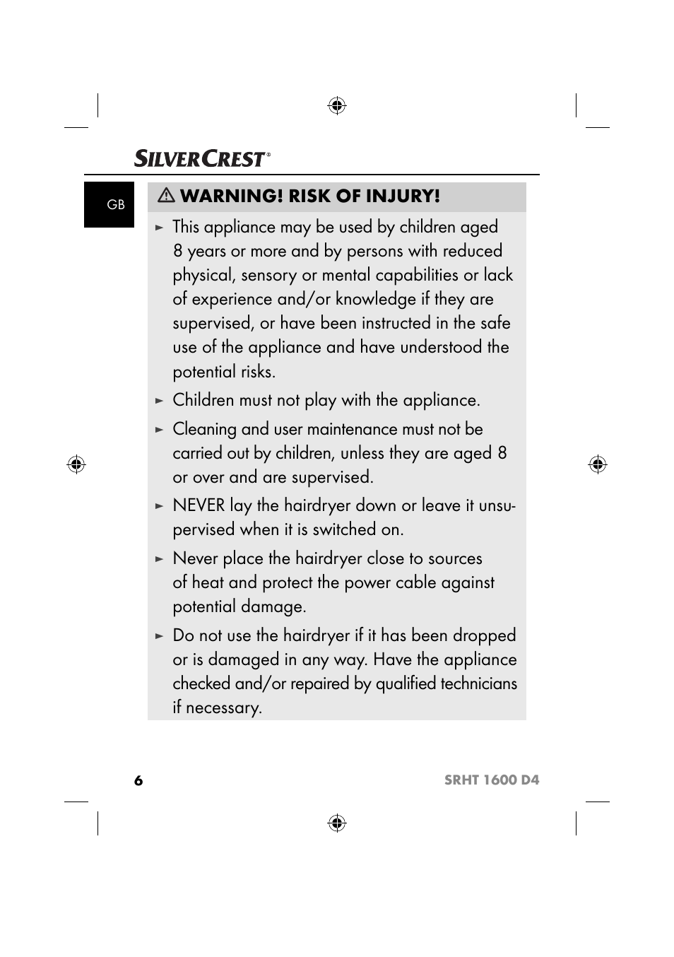 Warning! risk of injury, Children must not play with the appliance | Silvercrest SRHT 1600 D4 User Manual | Page 9 / 59