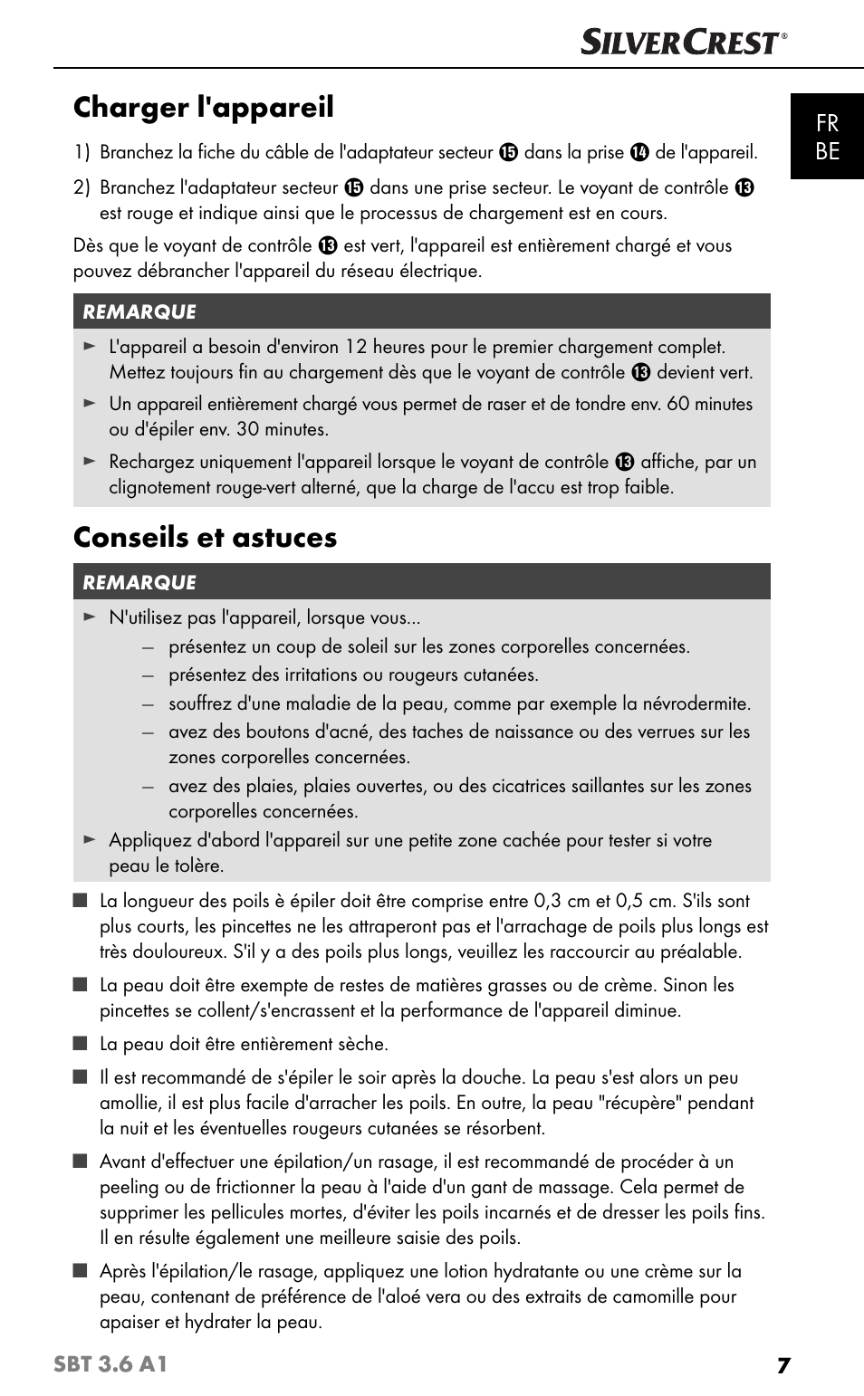 Charger l'appareil, Conseils et astuces, Fr be | Silvercrest SBT 3.6 A1 User Manual | Page 10 / 51