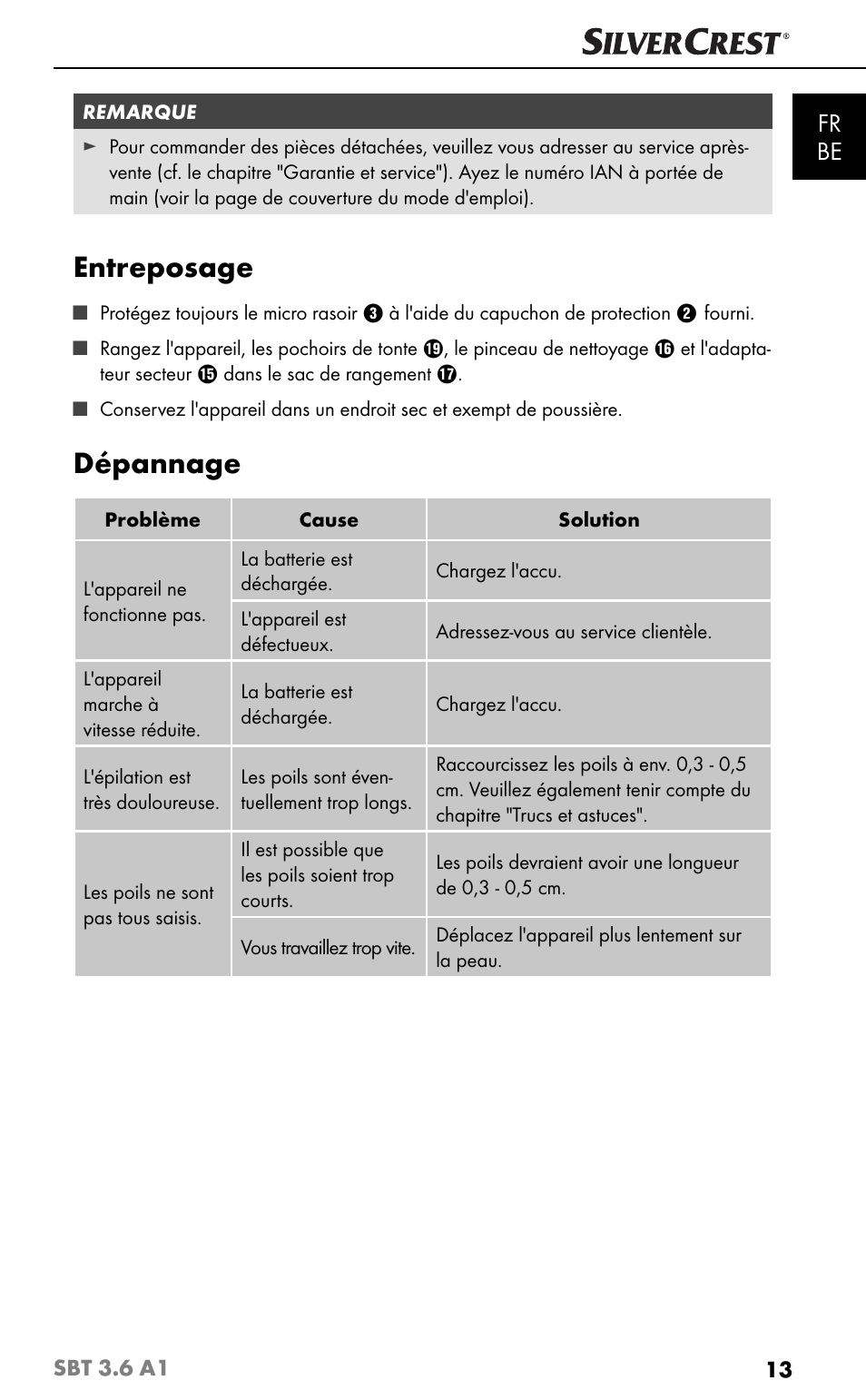 Entreposage, Dépannage, Fr be | Silvercrest SBT 3.6 A1 User Manual | Page 16 / 51