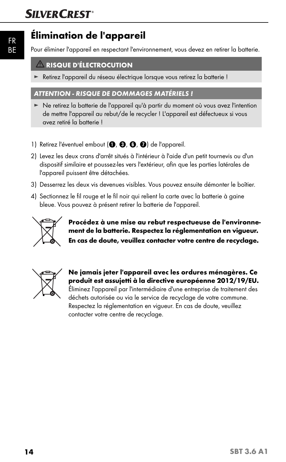 Élimination de l'appareil, Fr be | Silvercrest SBT 3.6 A1 User Manual | Page 17 / 51