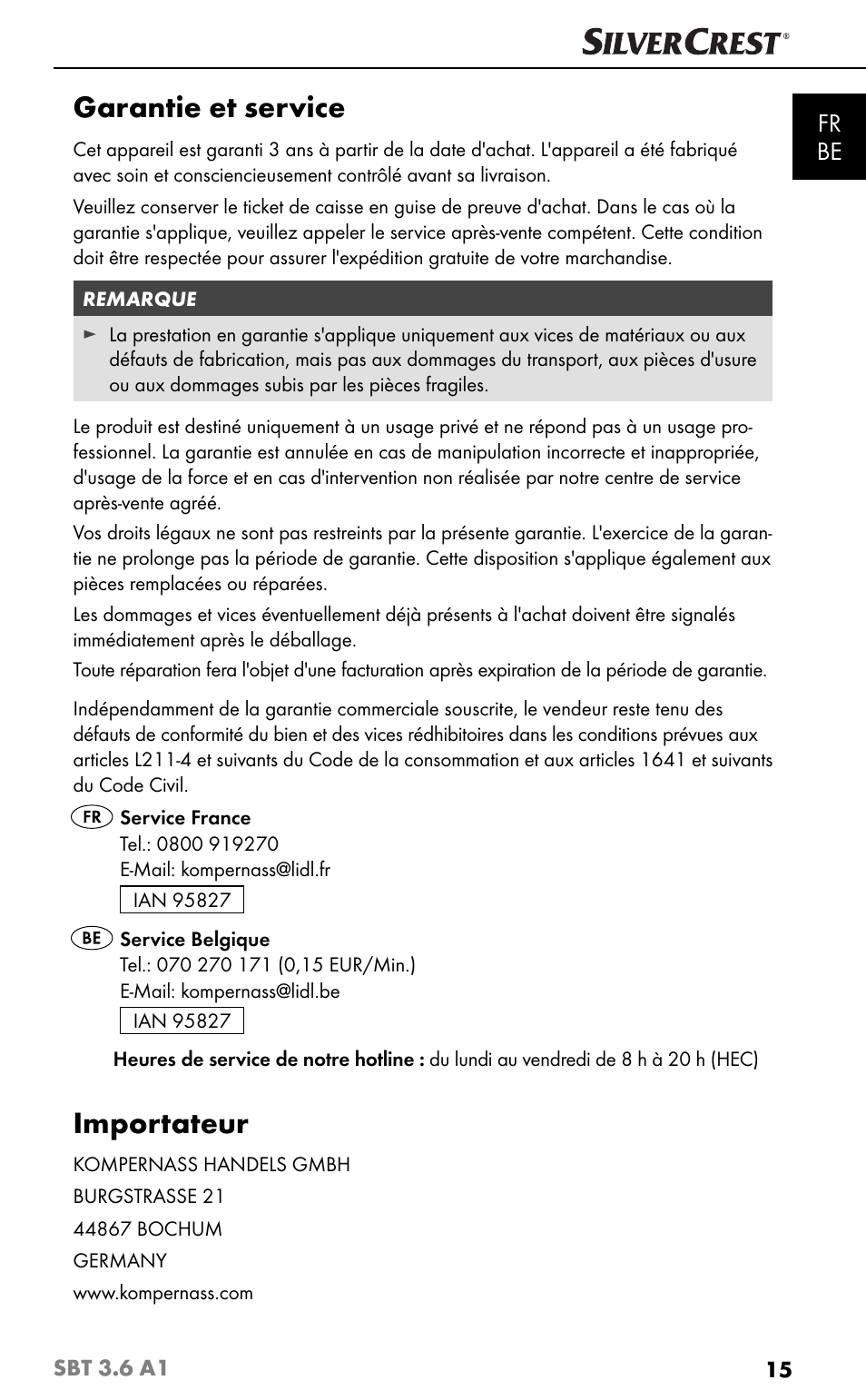 Garantie et service, Importateur, Fr be | Silvercrest SBT 3.6 A1 User Manual | Page 18 / 51