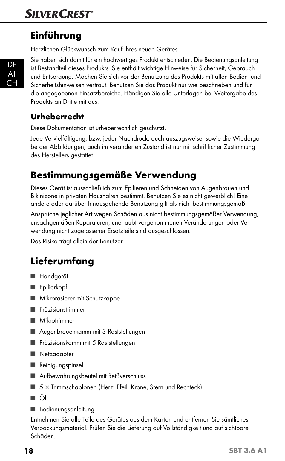 Einführung, Bestimmungsgemäße verwendung, Lieferumfang | De at ch, Urheberrecht | Silvercrest SBT 3.6 A1 User Manual | Page 21 / 51