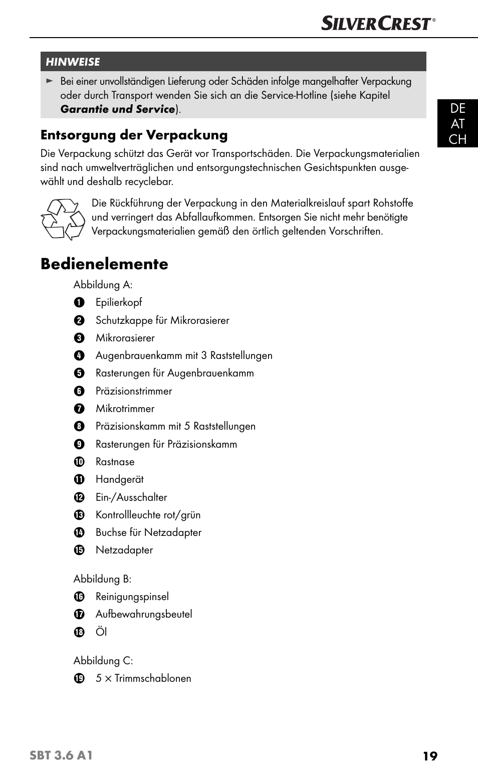 Bedienelemente, De at ch, Entsorgung der verpackung | Silvercrest SBT 3.6 A1 User Manual | Page 22 / 51