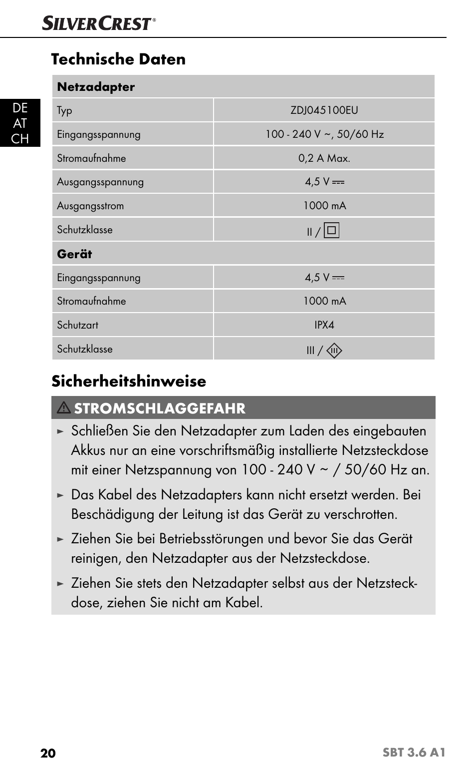 Technische daten, Sicherheitshinweise, Stromschlaggefahr | De at ch | Silvercrest SBT 3.6 A1 User Manual | Page 23 / 51