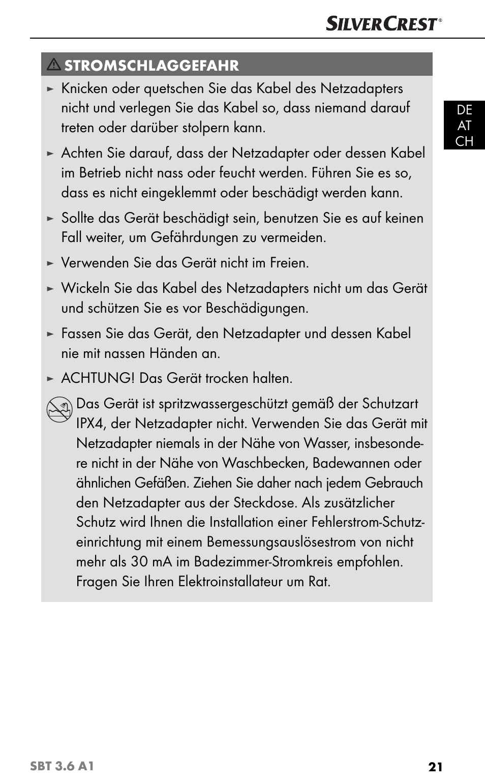 Stromschlaggefahr, Verwenden sie das gerät nicht im freien | Silvercrest SBT 3.6 A1 User Manual | Page 24 / 51