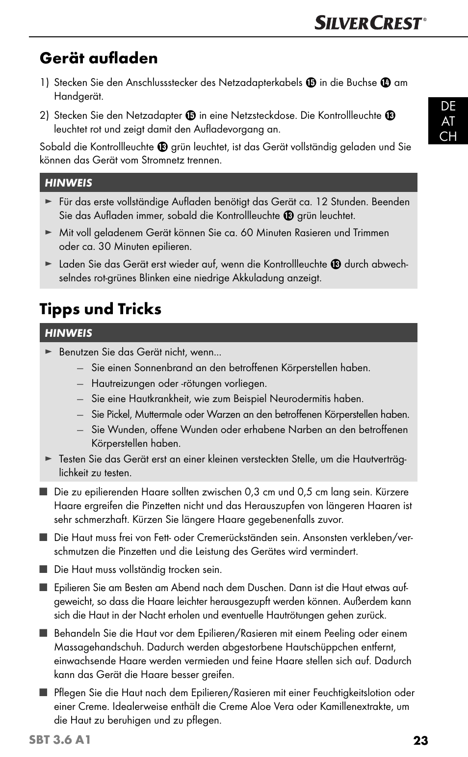 Gerät auﬂ aden, Tipps und tricks, De at ch | Silvercrest SBT 3.6 A1 User Manual | Page 26 / 51