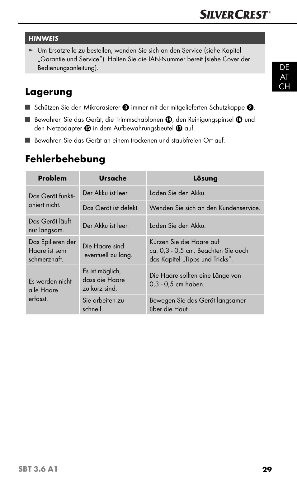 Lagerung, Fehlerbehebung, De at ch | Silvercrest SBT 3.6 A1 User Manual | Page 32 / 51