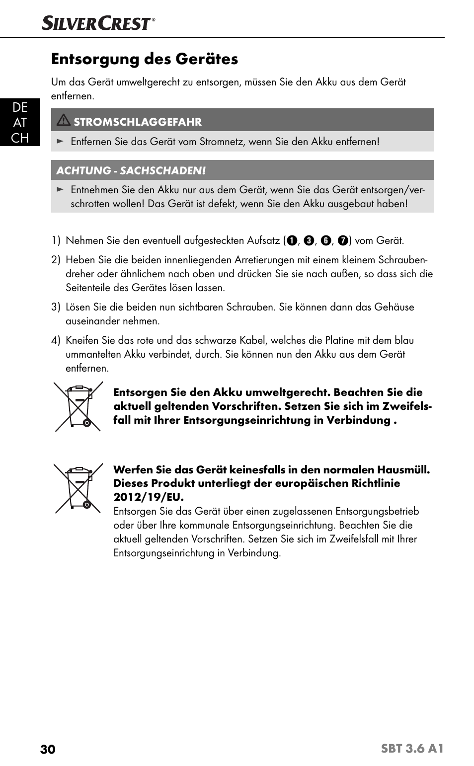Entsorgung des gerätes, De at ch | Silvercrest SBT 3.6 A1 User Manual | Page 33 / 51