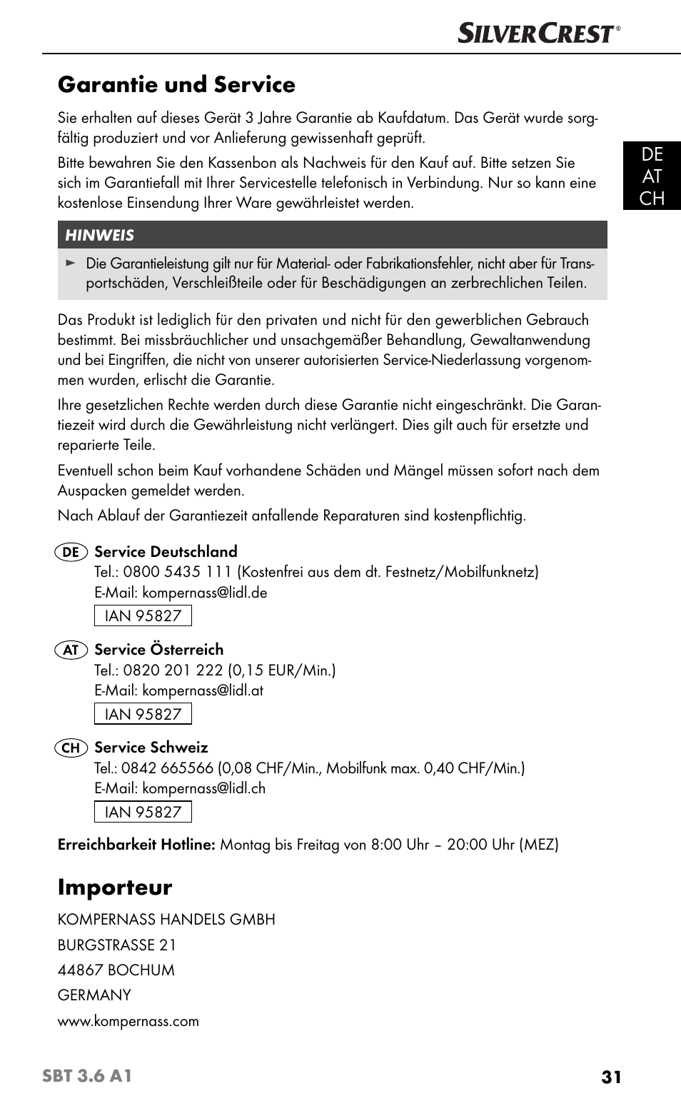 Garantie und service, Importeur, De at ch | Silvercrest SBT 3.6 A1 User Manual | Page 34 / 51