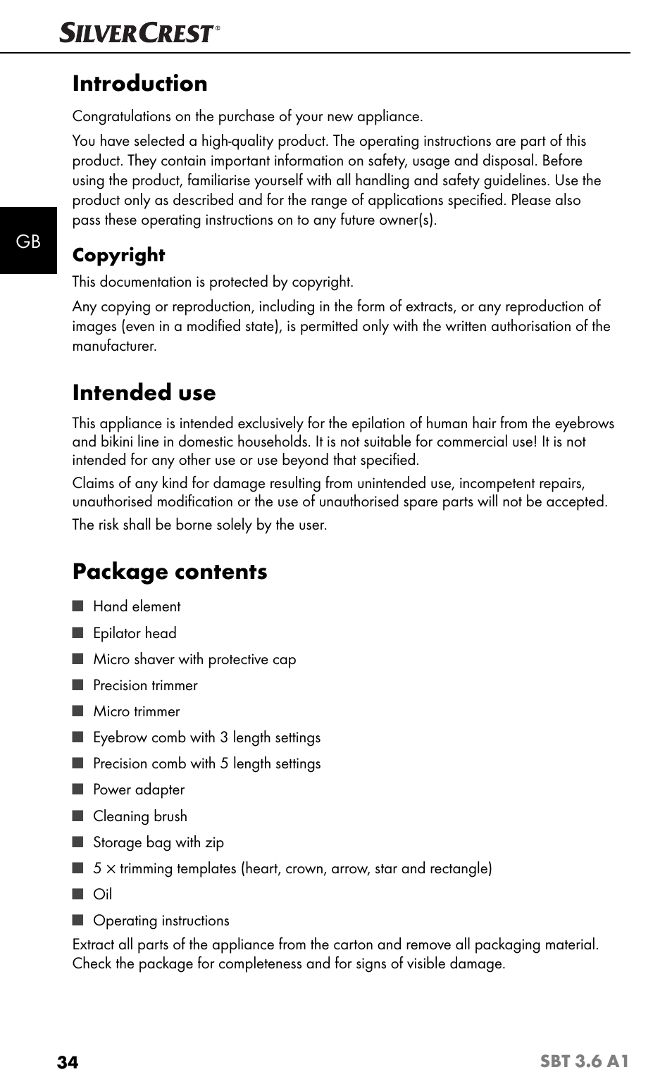 Introduction, Intended use, Package contents | Copyright | Silvercrest SBT 3.6 A1 User Manual | Page 37 / 51