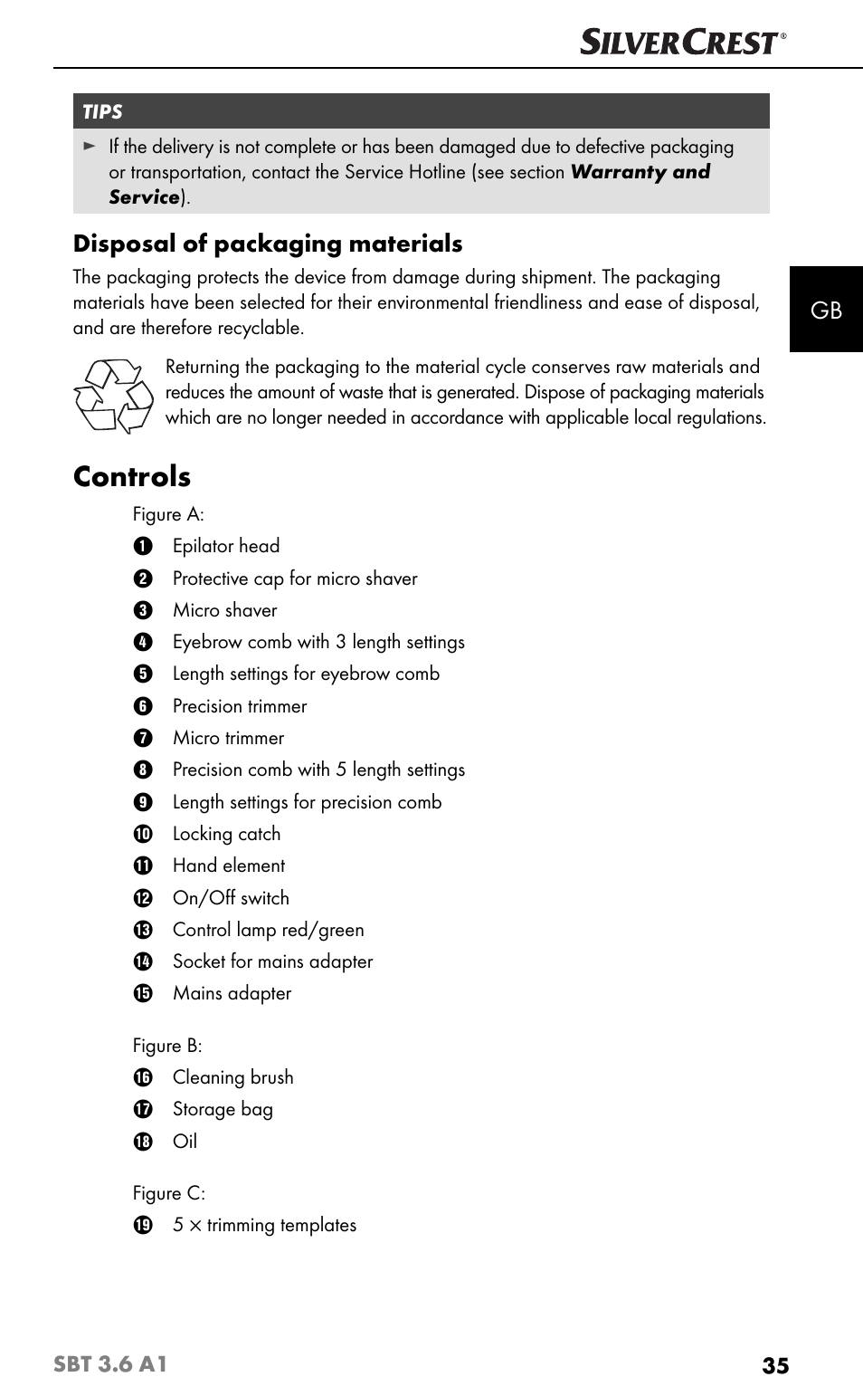 Controls, Disposal of packaging materials | Silvercrest SBT 3.6 A1 User Manual | Page 38 / 51