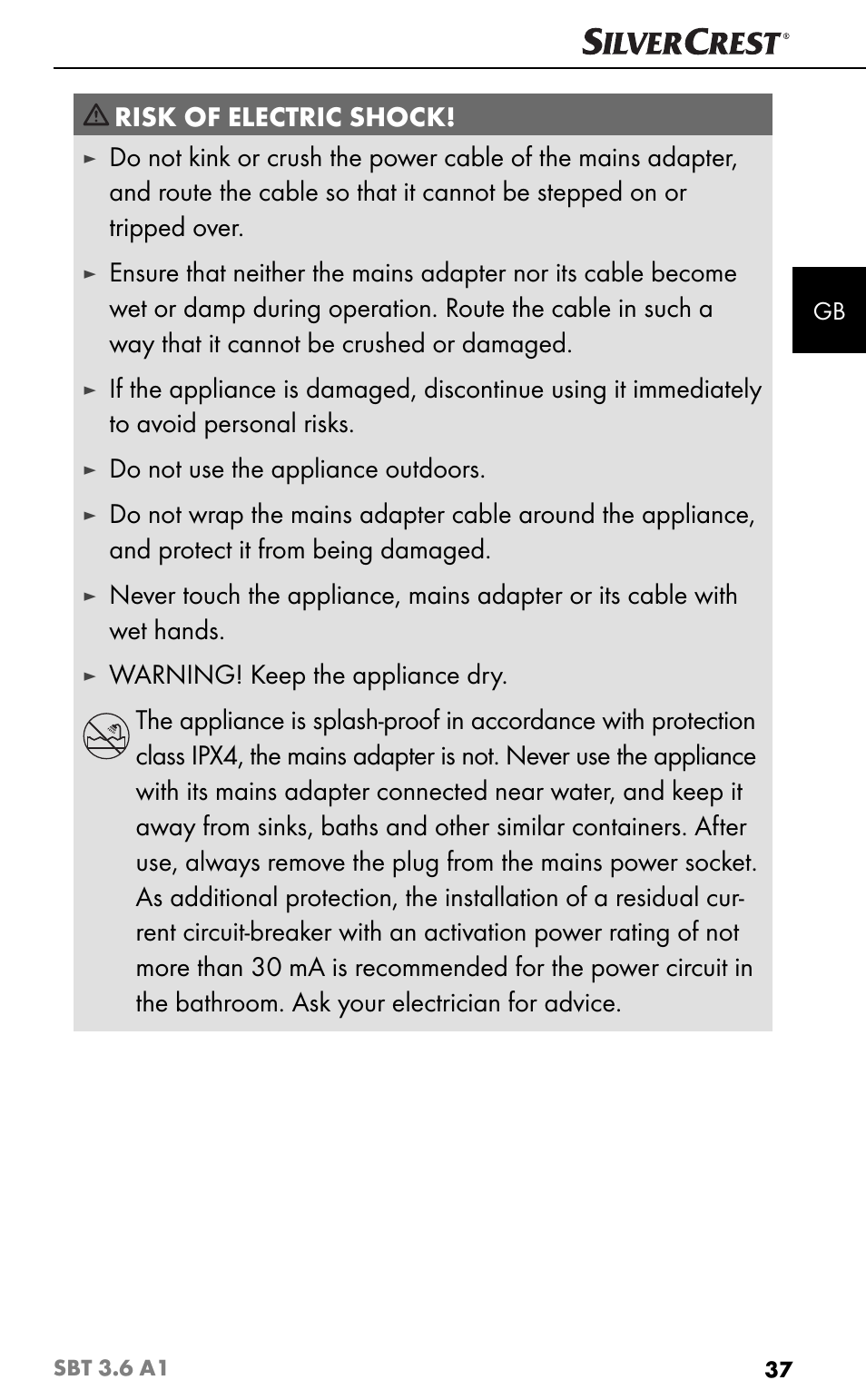 Risk of electric shock, Do not use the appliance outdoors | Silvercrest SBT 3.6 A1 User Manual | Page 40 / 51