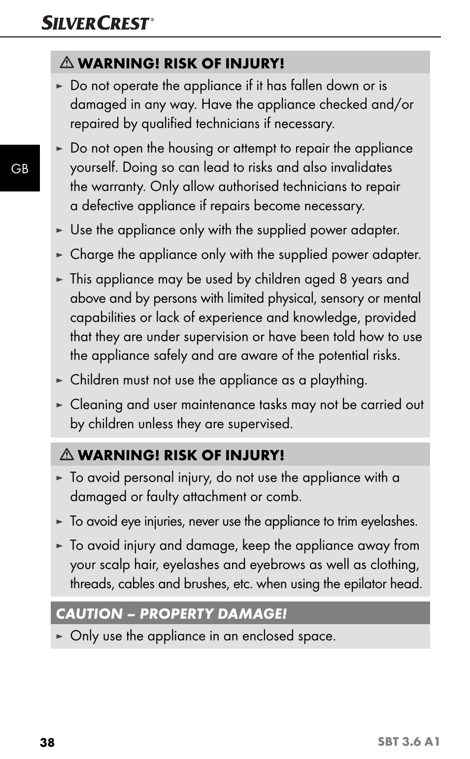 Warning! risk of injury, Children must not use the appliance as a plaything, Only use the appliance in an enclosed space | Silvercrest SBT 3.6 A1 User Manual | Page 41 / 51