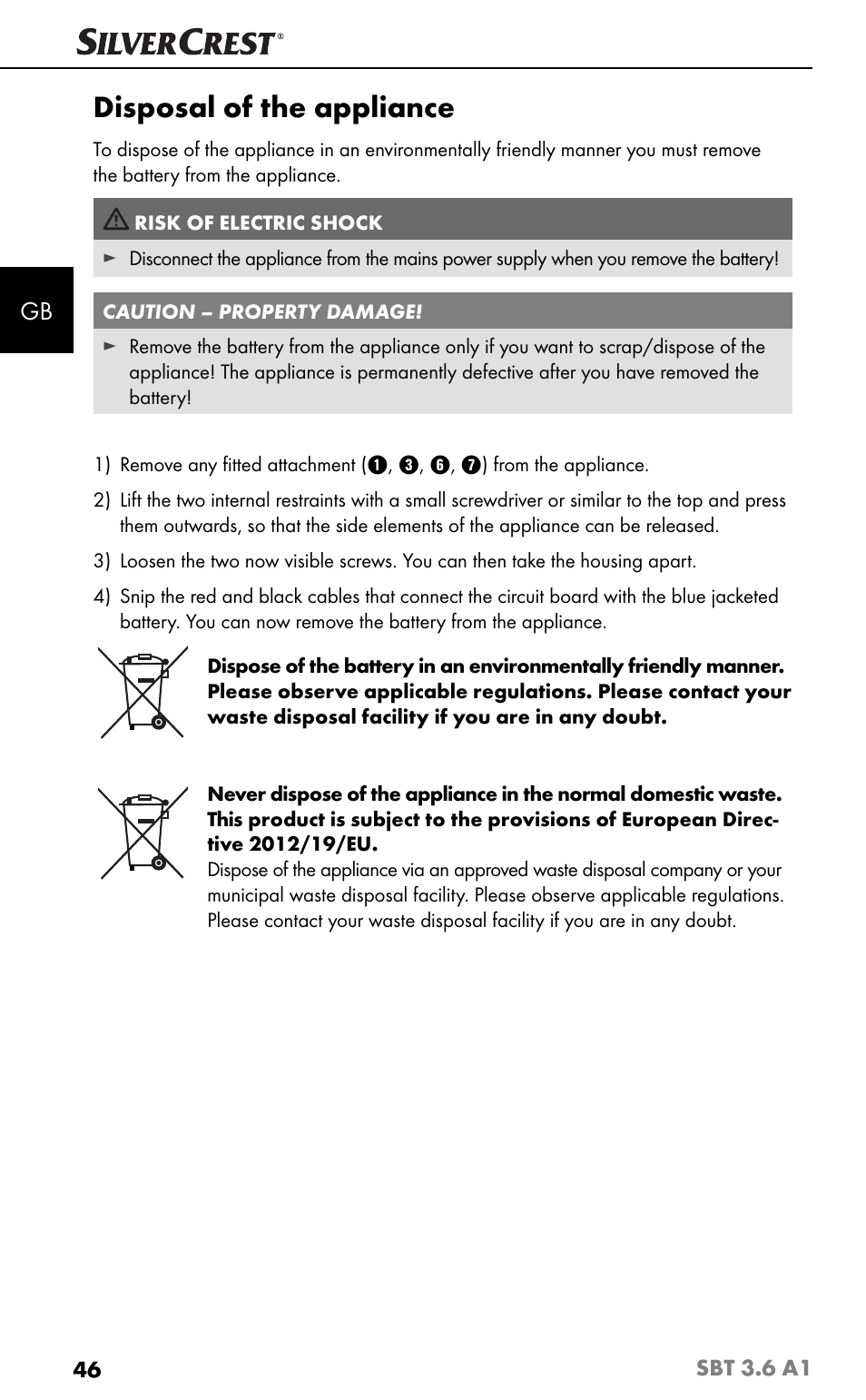 Disposal of the appliance | Silvercrest SBT 3.6 A1 User Manual | Page 49 / 51