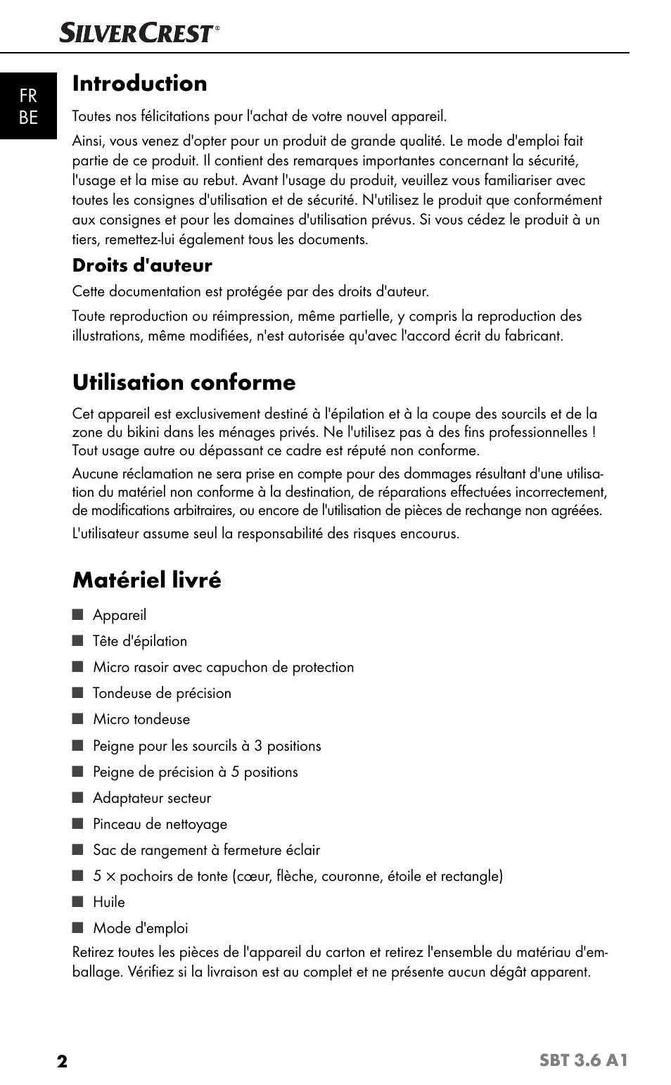 Introduction, Utilisation conforme, Matériel livré | Fr be, Droits d'auteur | Silvercrest SBT 3.6 A1 User Manual | Page 5 / 51