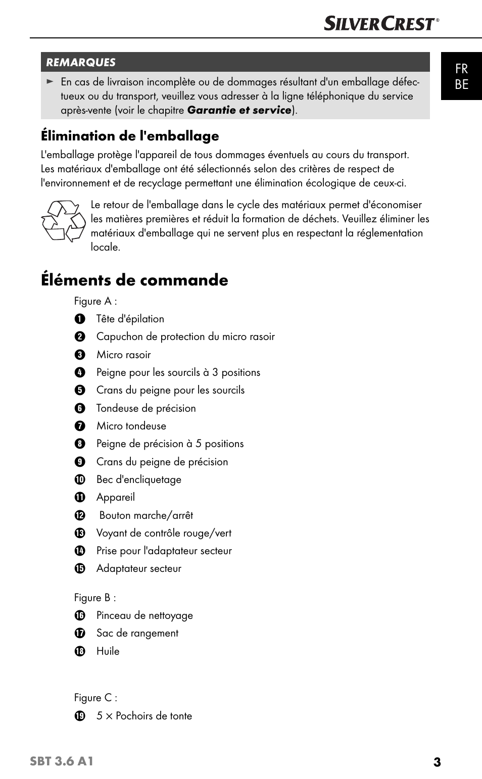 Éléments de commande, Fr be, Élimination de l'emballage | Silvercrest SBT 3.6 A1 User Manual | Page 6 / 51