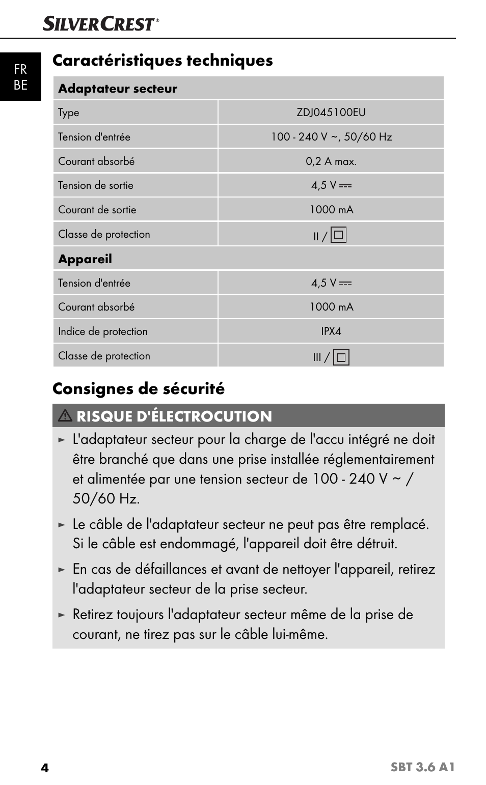 Caractéristiques techniques, Consignes de sécurité, Risque d'électrocution | Silvercrest SBT 3.6 A1 User Manual | Page 7 / 51