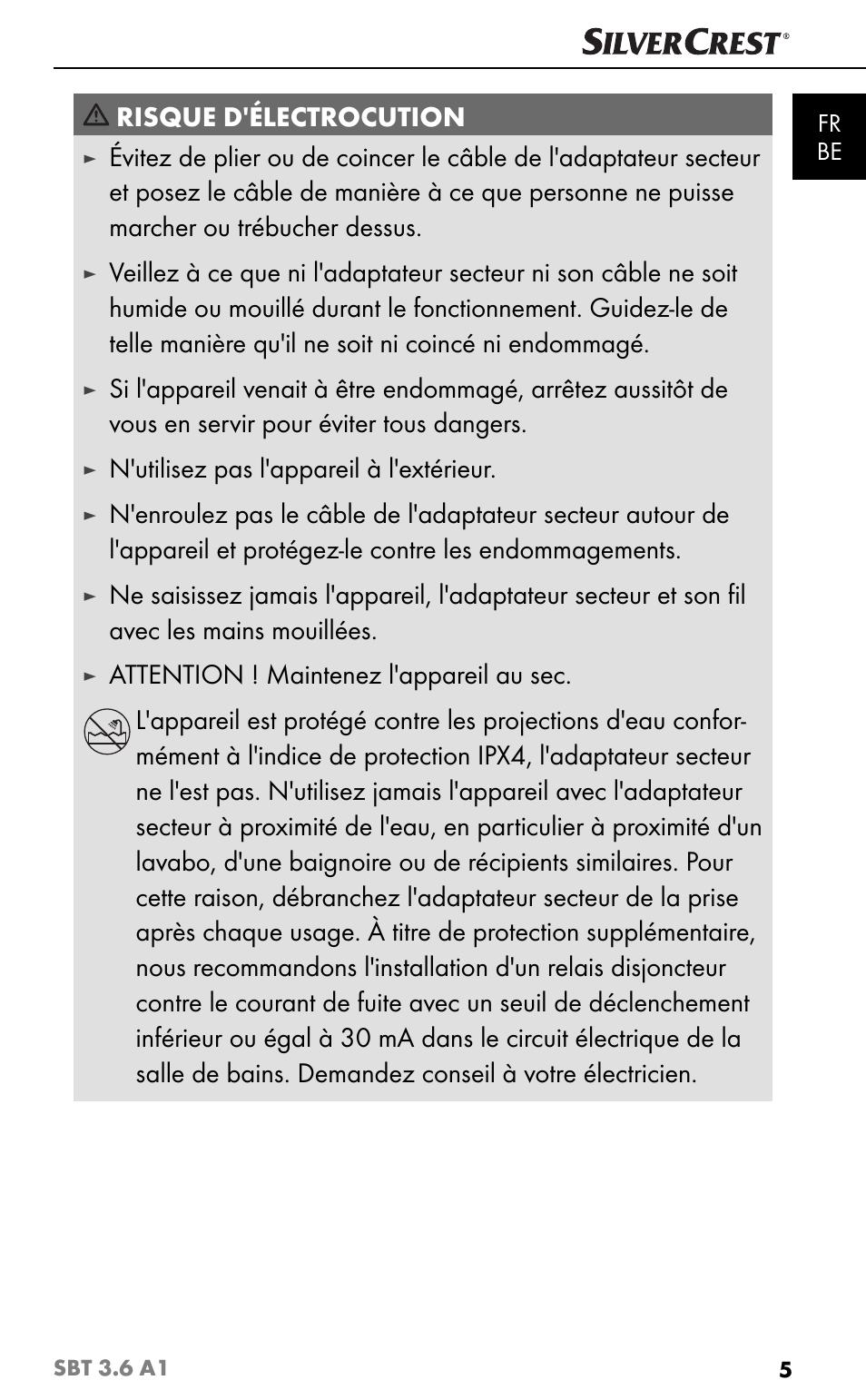 Risque d'électrocution, N'utilisez pas l'appareil à l'extérieur | Silvercrest SBT 3.6 A1 User Manual | Page 8 / 51