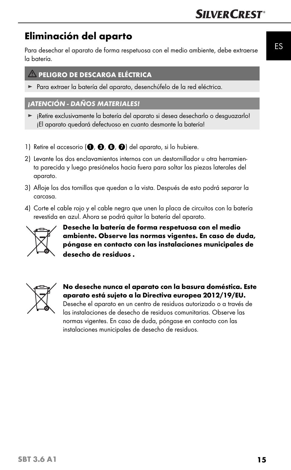 Eliminación del aparto | Silvercrest SBT 3.6 A1 User Manual | Page 18 / 83