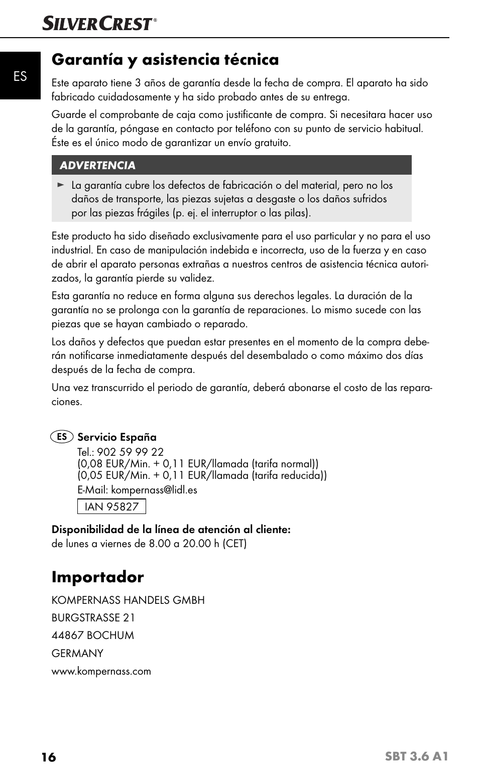 Garantía y asistencia técnica, Importador | Silvercrest SBT 3.6 A1 User Manual | Page 19 / 83