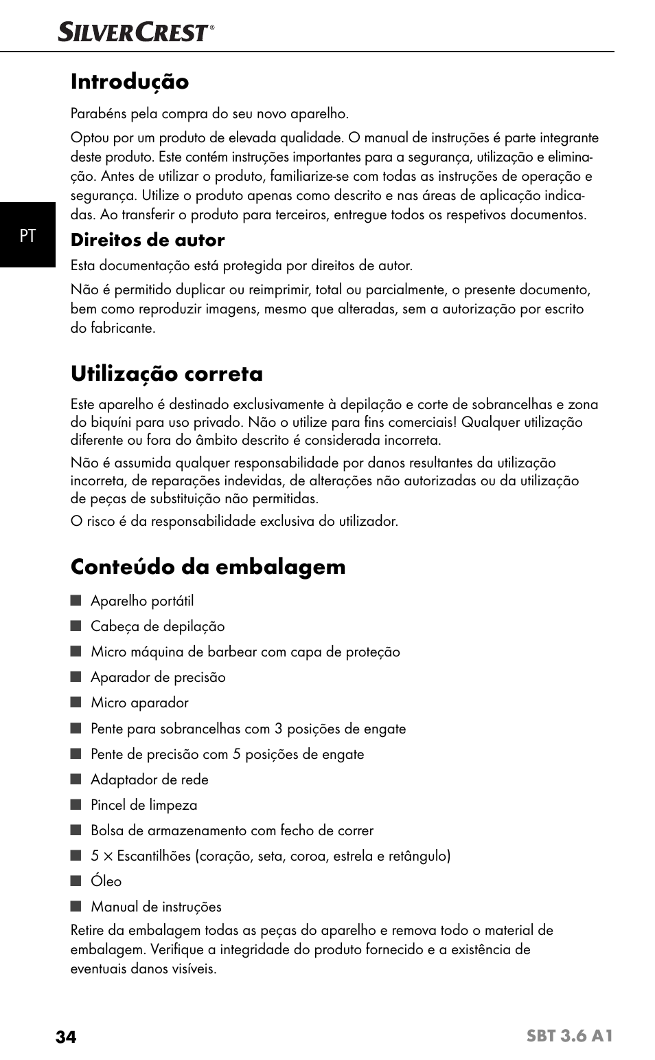 Introdução, Utilização correta, Conteúdo da embalagem | Direitos de autor | Silvercrest SBT 3.6 A1 User Manual | Page 37 / 83