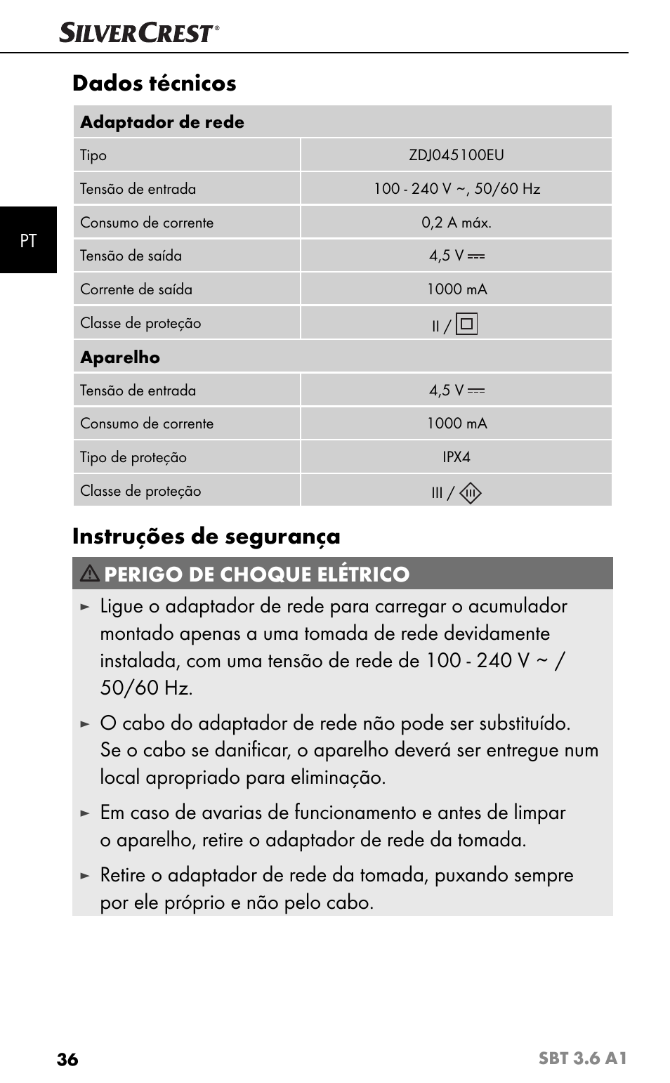 Dados técnicos, Instruções de segurança, Perigo de choque elétrico | Silvercrest SBT 3.6 A1 User Manual | Page 39 / 83