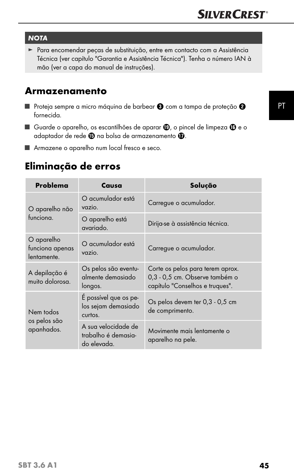 Armazenamento, Eliminação de erros | Silvercrest SBT 3.6 A1 User Manual | Page 48 / 83