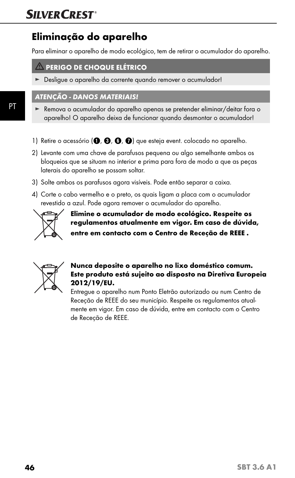 Eliminação do aparelho | Silvercrest SBT 3.6 A1 User Manual | Page 49 / 83