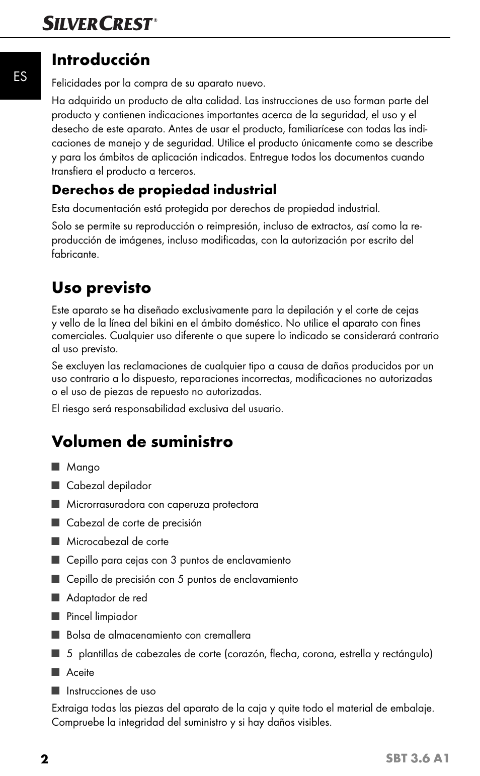 Introducción, Uso previsto, Volumen de suministro | Derechos de propiedad industrial | Silvercrest SBT 3.6 A1 User Manual | Page 5 / 83