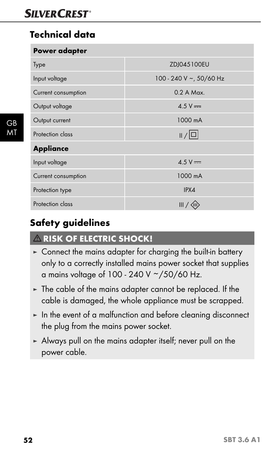 Technical data, Safety guidelines, Risk of electric shock | Gb mt | Silvercrest SBT 3.6 A1 User Manual | Page 55 / 83